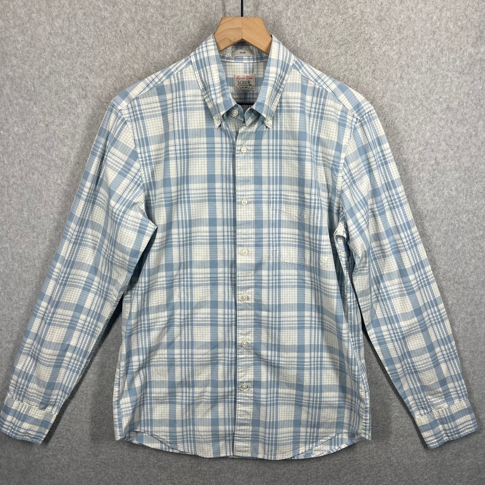 J.Crew Button Down Shirt Mens M Blue Plaid Secret Wash Slim Fit Long Sleeve EUC